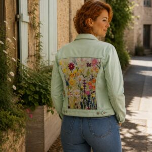 🌸 Veste en jean personnalisée vert menthe – Pièce unique – Taille M
