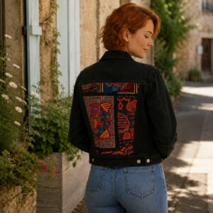 🎨 Veste en jean personnalisée noire – Empiècement en velours – Pièce unique – Taille M